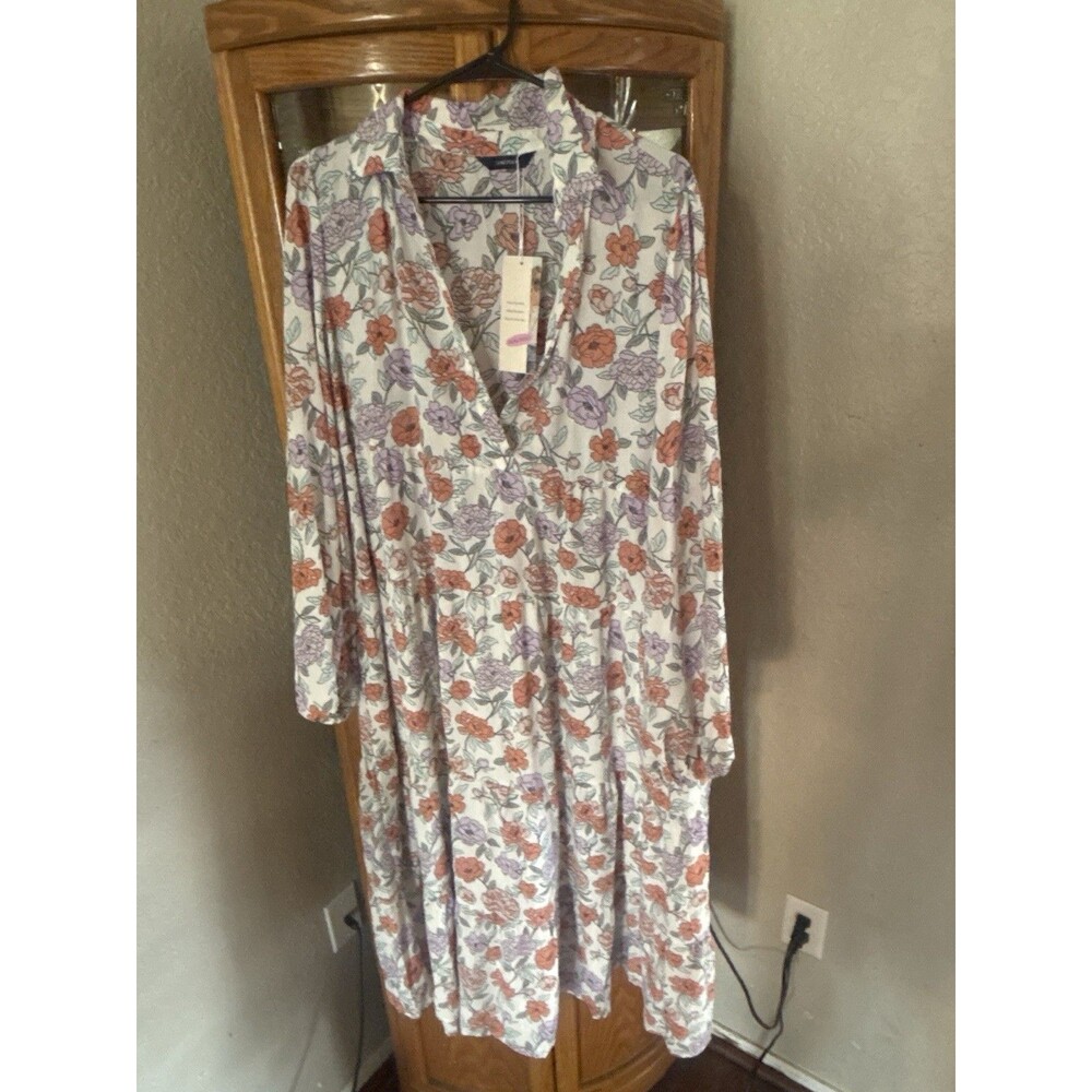 Floral Long Sleeve Midi Dress White Pink Purple